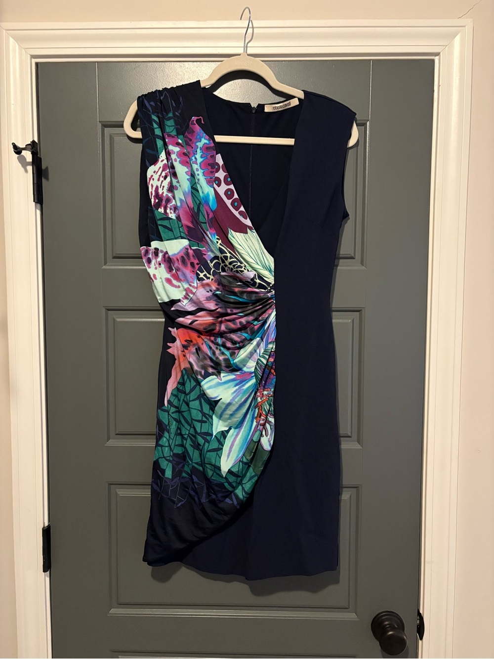 Roberto Cavalli Navy Floral Panel Ruched Mini Dress IT 42 US 6 Made in Italy